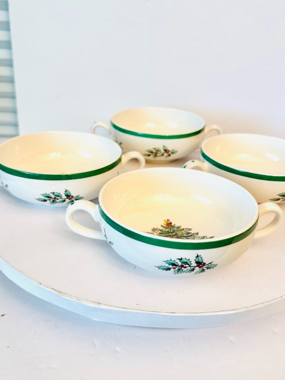 Vtg Set 4 Spode England Christmas Tree 6 oz Cream Soup Bowls 4.5" Handles RARE